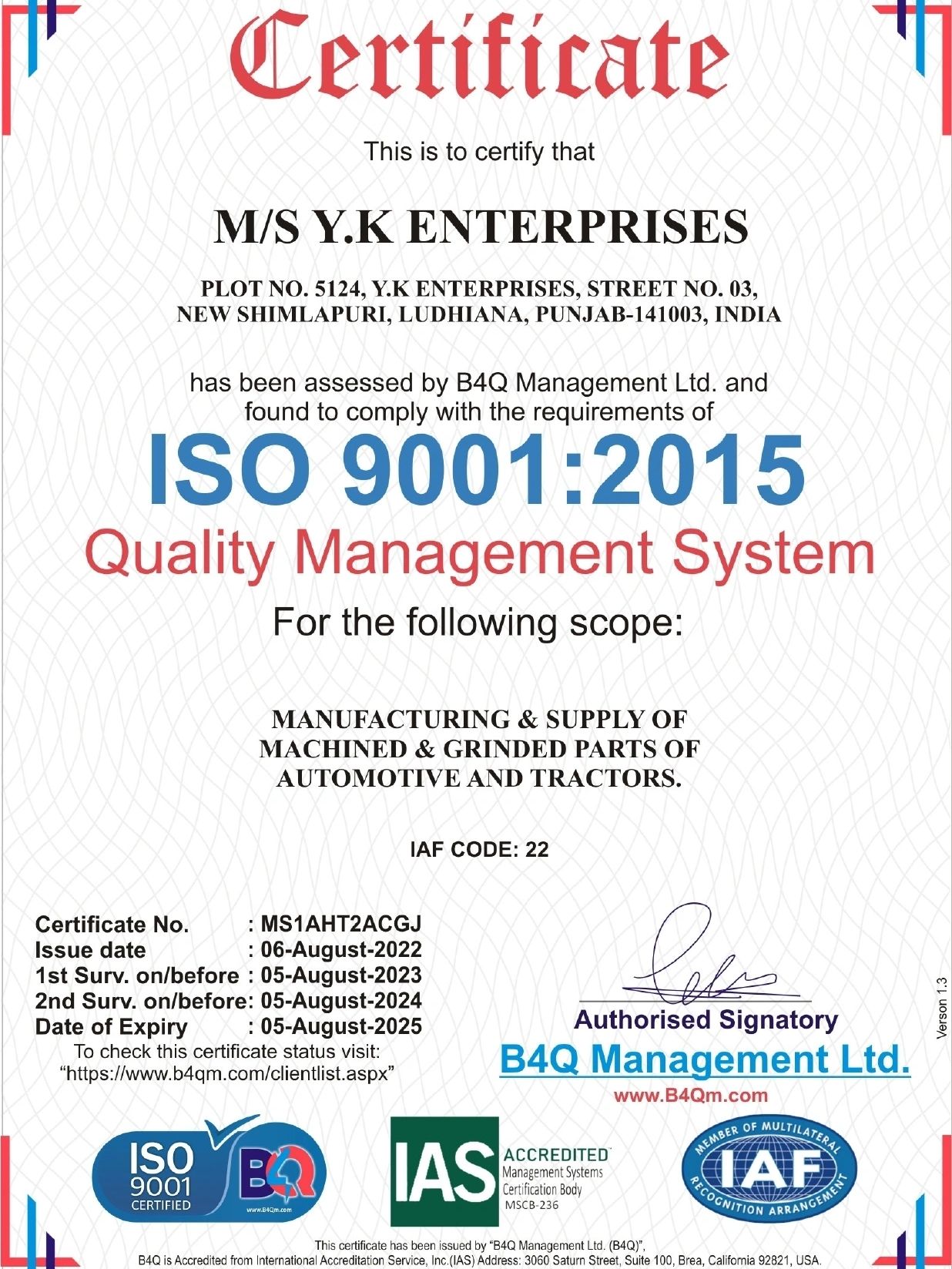 Y K Enterprises ISO 9001:2015 quality management certificate